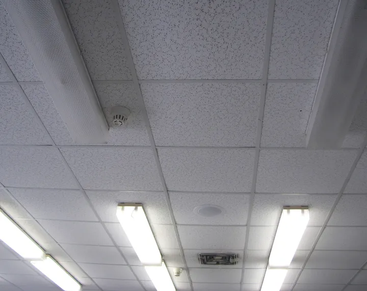 A suspended drop ceiling of square acoustic tiles in a metal grid, with recessed lights and a smoke detector
